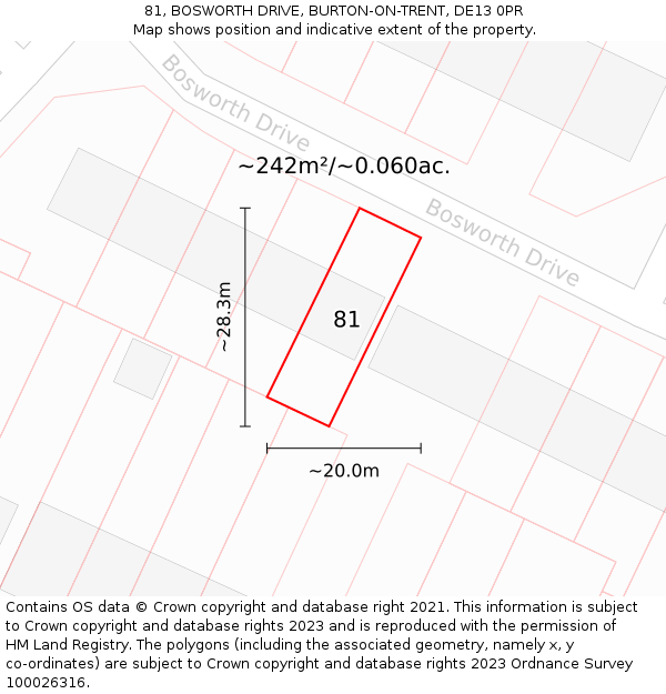 81, BOSWORTH DRIVE, BURTON-ON-TRENT, DE13 0PR: Plot and title map