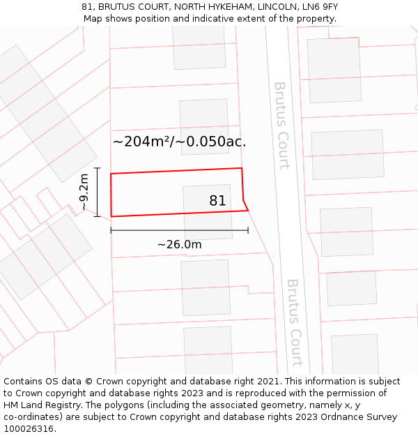 81, BRUTUS COURT, NORTH HYKEHAM, LINCOLN, LN6 9FY: Plot and title map