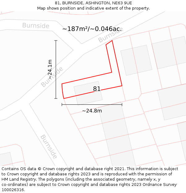 81, BURNSIDE, ASHINGTON, NE63 9UE: Plot and title map