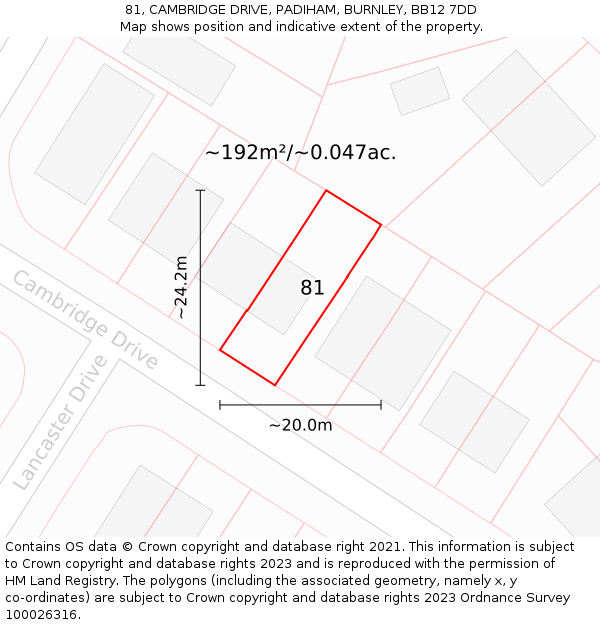 81, CAMBRIDGE DRIVE, PADIHAM, BURNLEY, BB12 7DD: Plot and title map
