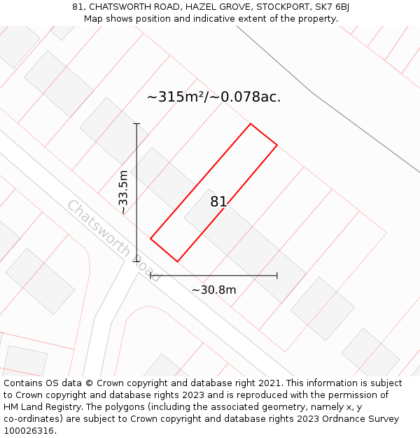 81, CHATSWORTH ROAD, HAZEL GROVE, STOCKPORT, SK7 6BJ: Plot and title map