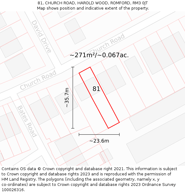 81, CHURCH ROAD, HAROLD WOOD, ROMFORD, RM3 0JT: Plot and title map