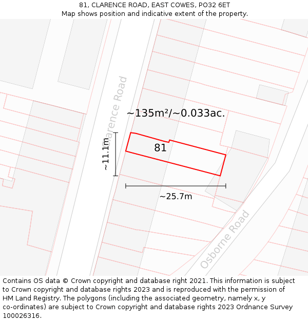 81, CLARENCE ROAD, EAST COWES, PO32 6ET: Plot and title map