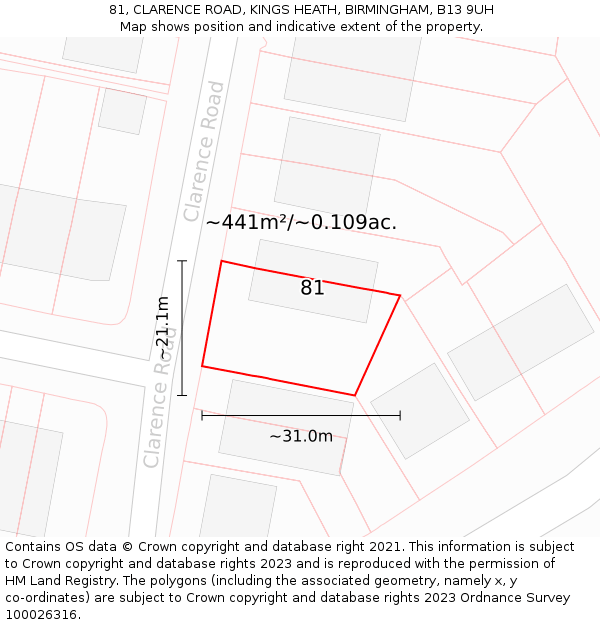 81, CLARENCE ROAD, KINGS HEATH, BIRMINGHAM, B13 9UH: Plot and title map