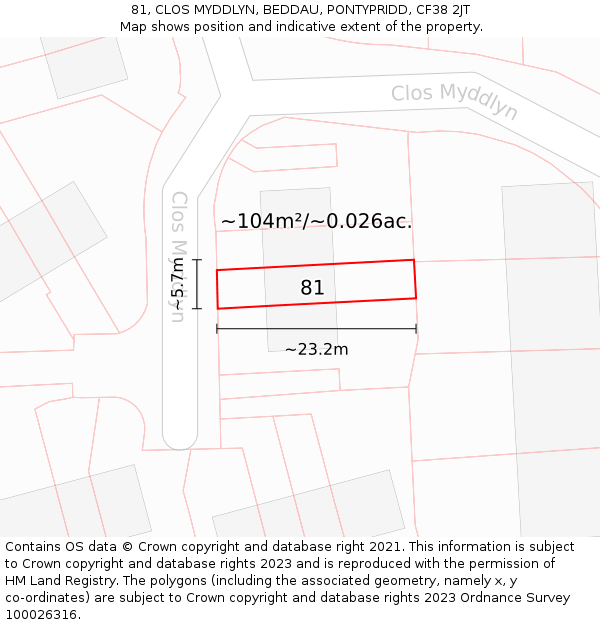 81, CLOS MYDDLYN, BEDDAU, PONTYPRIDD, CF38 2JT: Plot and title map