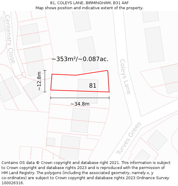 81, COLEYS LANE, BIRMINGHAM, B31 4AF: Plot and title map