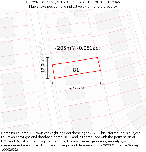 81, CONWAY DRIVE, SHEPSHED, LOUGHBOROUGH, LE12 9PP: Plot and title map