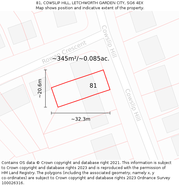 81, COWSLIP HILL, LETCHWORTH GARDEN CITY, SG6 4EX: Plot and title map