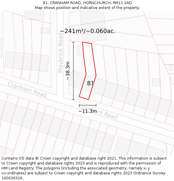 81, CRANHAM ROAD, HORNCHURCH, RM11 2AD: Plot and title map