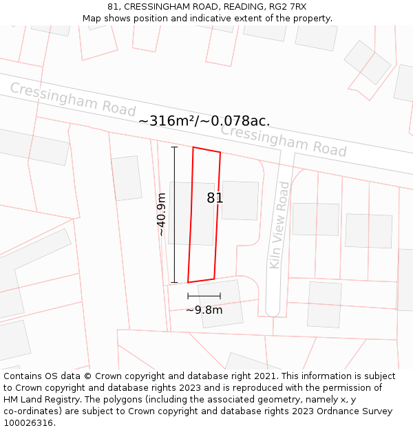 81, CRESSINGHAM ROAD, READING, RG2 7RX: Plot and title map