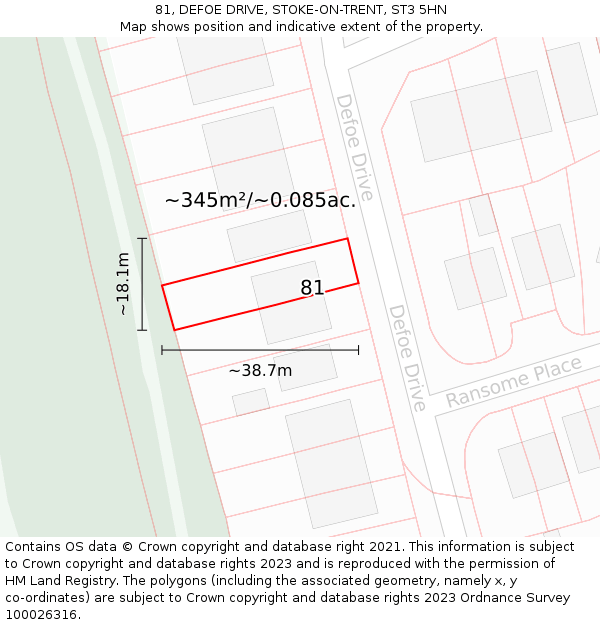 81, DEFOE DRIVE, STOKE-ON-TRENT, ST3 5HN: Plot and title map