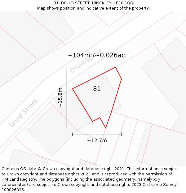 81, DRUID STREET, HINCKLEY, LE10 1QQ: Plot and title map