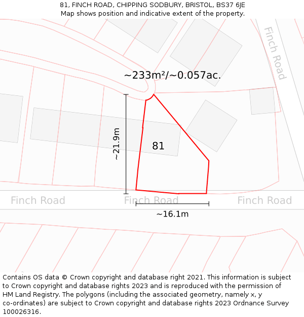 81, FINCH ROAD, CHIPPING SODBURY, BRISTOL, BS37 6JE: Plot and title map