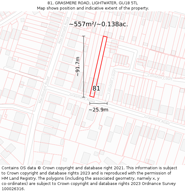 81, GRASMERE ROAD, LIGHTWATER, GU18 5TL: Plot and title map