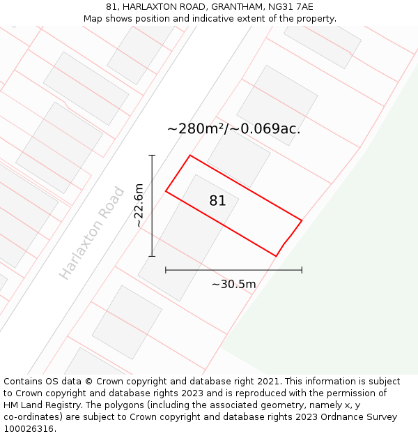 81, HARLAXTON ROAD, GRANTHAM, NG31 7AE: Plot and title map