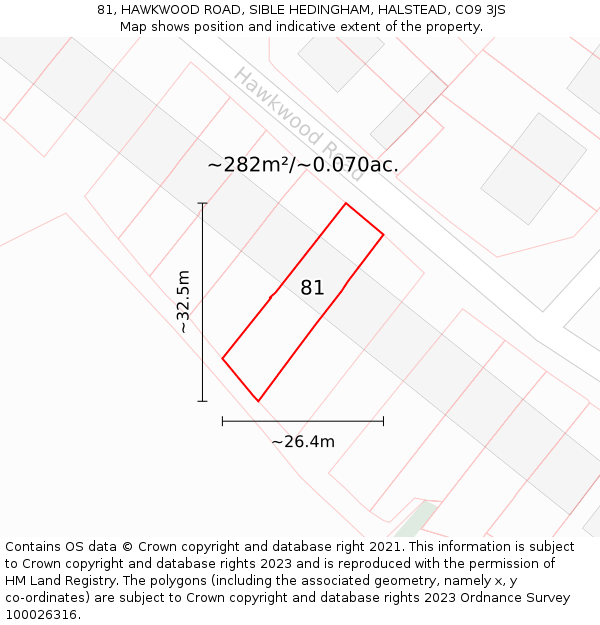 81, HAWKWOOD ROAD, SIBLE HEDINGHAM, HALSTEAD, CO9 3JS: Plot and title map