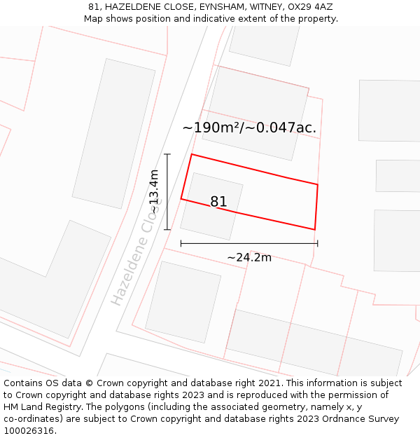 81, HAZELDENE CLOSE, EYNSHAM, WITNEY, OX29 4AZ: Plot and title map