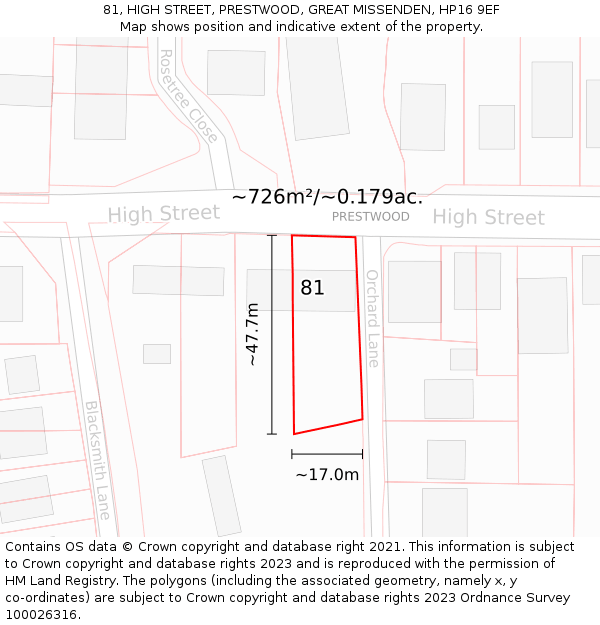 81, HIGH STREET, PRESTWOOD, GREAT MISSENDEN, HP16 9EF: Plot and title map