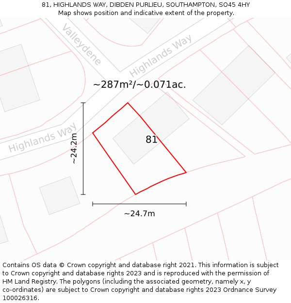 81, HIGHLANDS WAY, DIBDEN PURLIEU, SOUTHAMPTON, SO45 4HY: Plot and title map