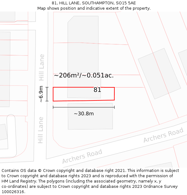 81, HILL LANE, SOUTHAMPTON, SO15 5AE: Plot and title map