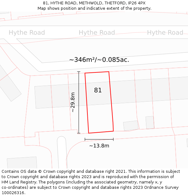 81, HYTHE ROAD, METHWOLD, THETFORD, IP26 4PX: Plot and title map