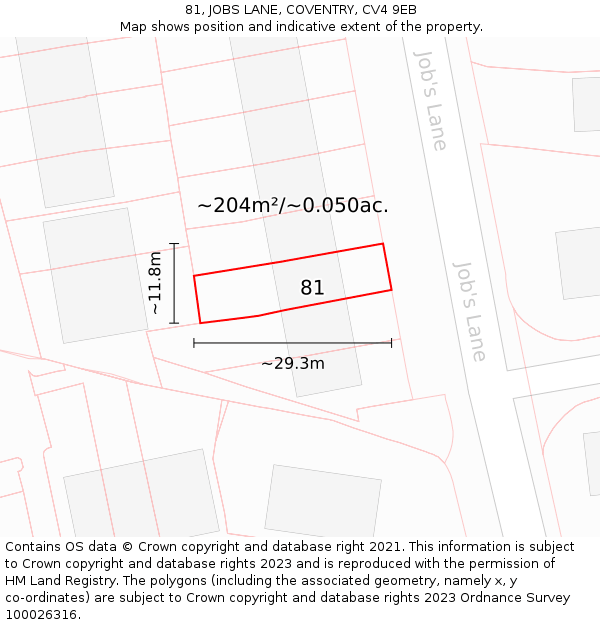 81, JOBS LANE, COVENTRY, CV4 9EB: Plot and title map