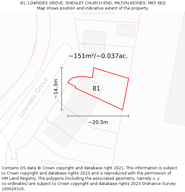 81, LOWNDES GROVE, SHENLEY CHURCH END, MILTON KEYNES, MK5 6EQ: Plot and title map