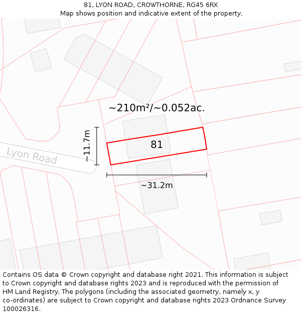 81, LYON ROAD, CROWTHORNE, RG45 6RX: Plot and title map