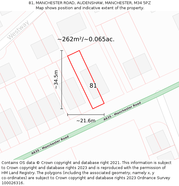 81, MANCHESTER ROAD, AUDENSHAW, MANCHESTER, M34 5PZ: Plot and title map