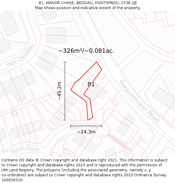 81, MANOR CHASE, BEDDAU, PONTYPRIDD, CF38 2JE: Plot and title map