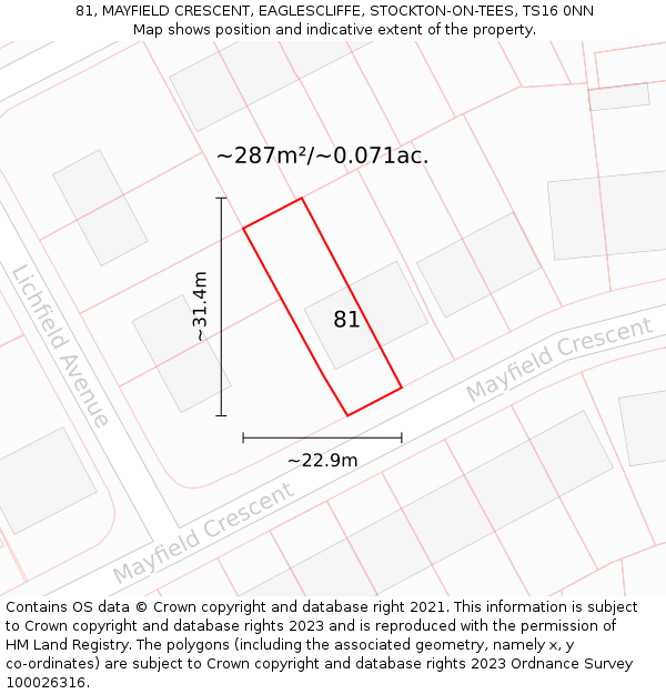 81, MAYFIELD CRESCENT, EAGLESCLIFFE, STOCKTON-ON-TEES, TS16 0NN: Plot and title map