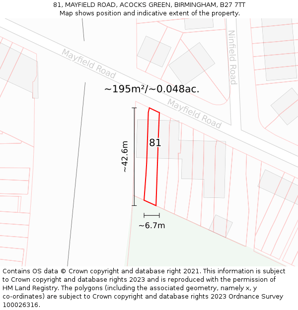 81, MAYFIELD ROAD, ACOCKS GREEN, BIRMINGHAM, B27 7TT: Plot and title map