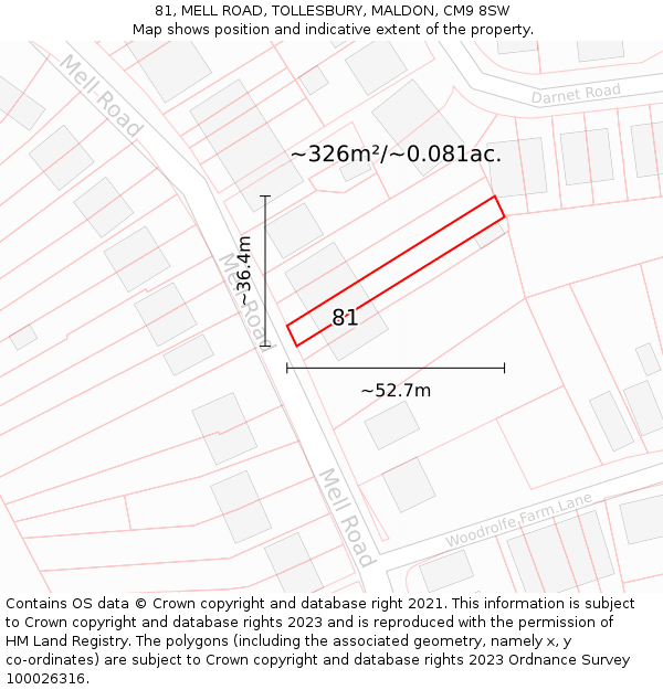 81, MELL ROAD, TOLLESBURY, MALDON, CM9 8SW: Plot and title map