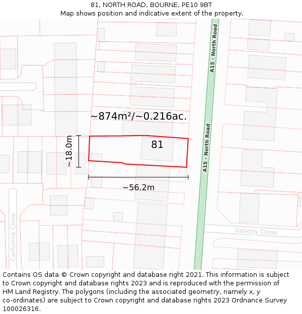 81, NORTH ROAD, BOURNE, PE10 9BT: Plot and title map