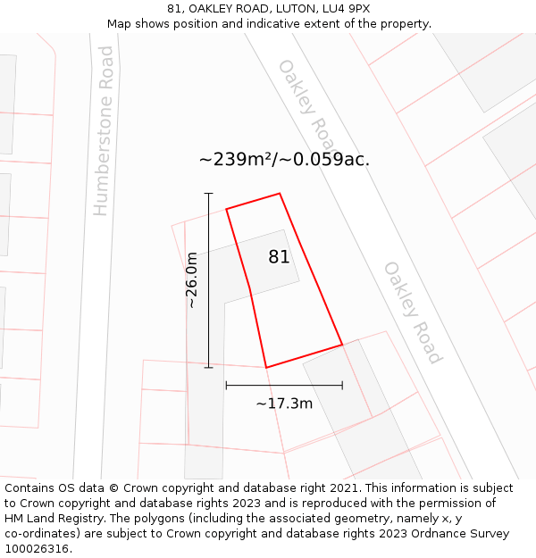 81, OAKLEY ROAD, LUTON, LU4 9PX: Plot and title map