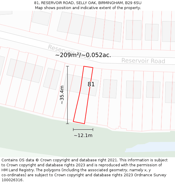 81, RESERVOIR ROAD, SELLY OAK, BIRMINGHAM, B29 6SU: Plot and title map