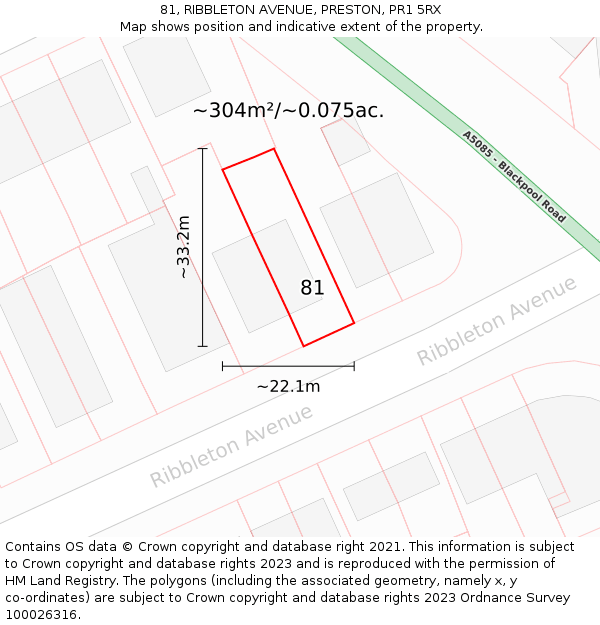 81, RIBBLETON AVENUE, PRESTON, PR1 5RX: Plot and title map
