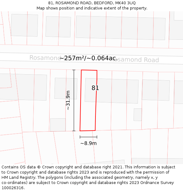 81, ROSAMOND ROAD, BEDFORD, MK40 3UQ: Plot and title map