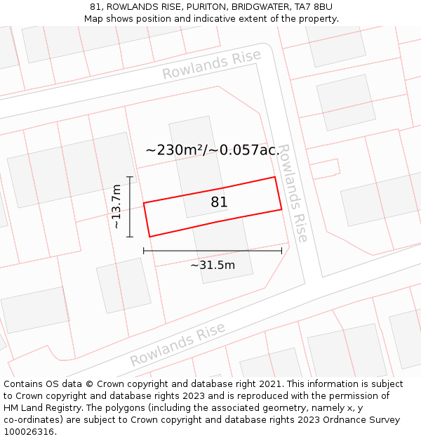 81, ROWLANDS RISE, PURITON, BRIDGWATER, TA7 8BU: Plot and title map