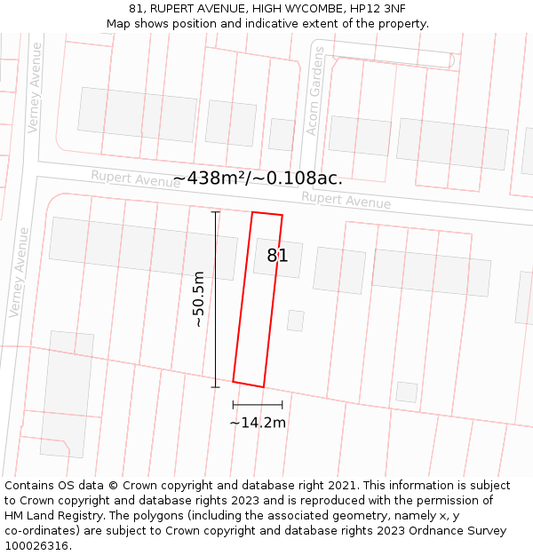 81, RUPERT AVENUE, HIGH WYCOMBE, HP12 3NF: Plot and title map