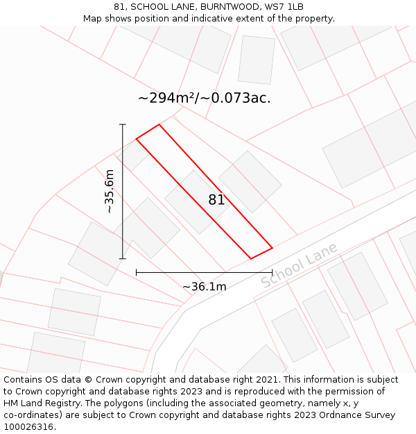 81, SCHOOL LANE, BURNTWOOD, WS7 1LB: Plot and title map