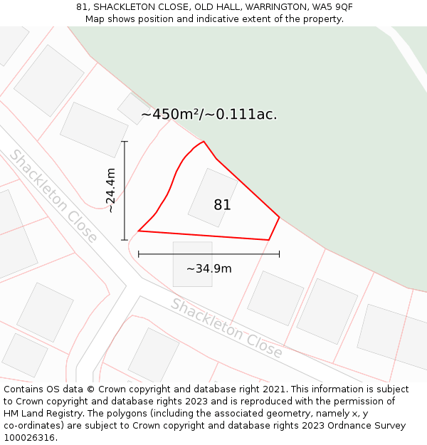 81, SHACKLETON CLOSE, OLD HALL, WARRINGTON, WA5 9QF: Plot and title map