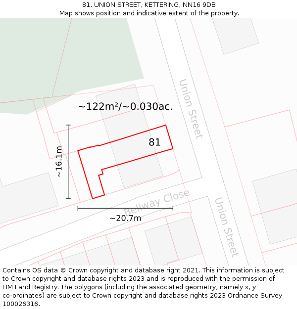 81, UNION STREET, KETTERING, NN16 9DB: Plot and title map