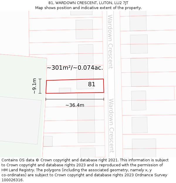 81, WARDOWN CRESCENT, LUTON, LU2 7JT: Plot and title map