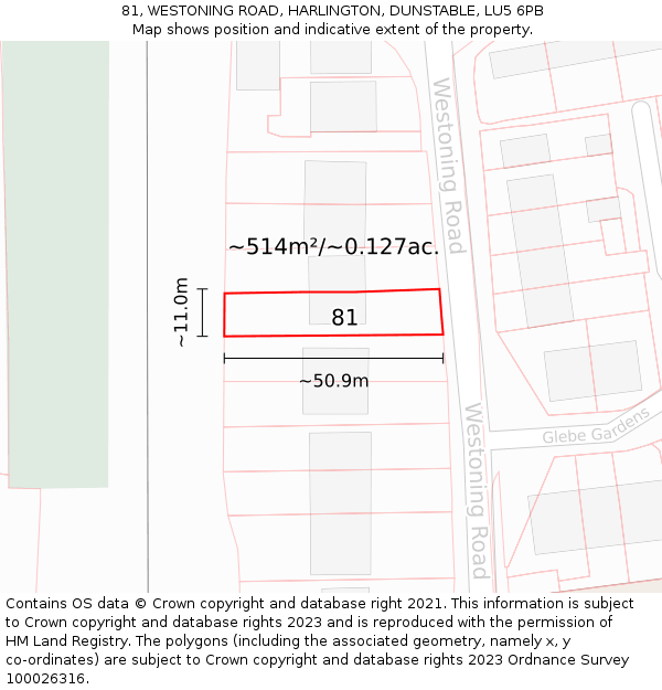 81, WESTONING ROAD, HARLINGTON, DUNSTABLE, LU5 6PB: Plot and title map