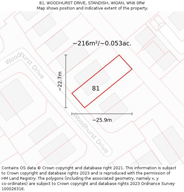 81, WOODHURST DRIVE, STANDISH, WIGAN, WN6 0RW: Plot and title map