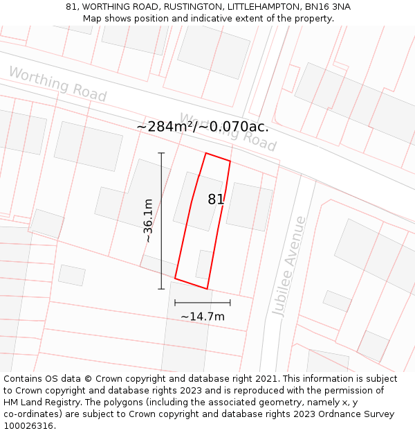 81, WORTHING ROAD, RUSTINGTON, LITTLEHAMPTON, BN16 3NA: Plot and title map