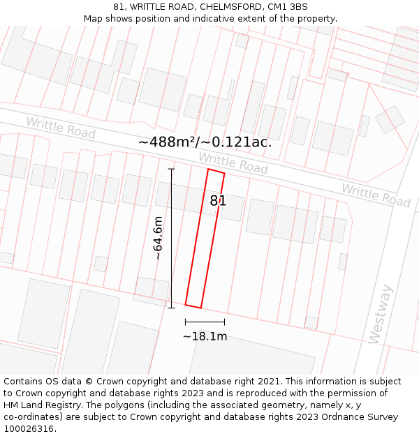 81, WRITTLE ROAD, CHELMSFORD, CM1 3BS: Plot and title map