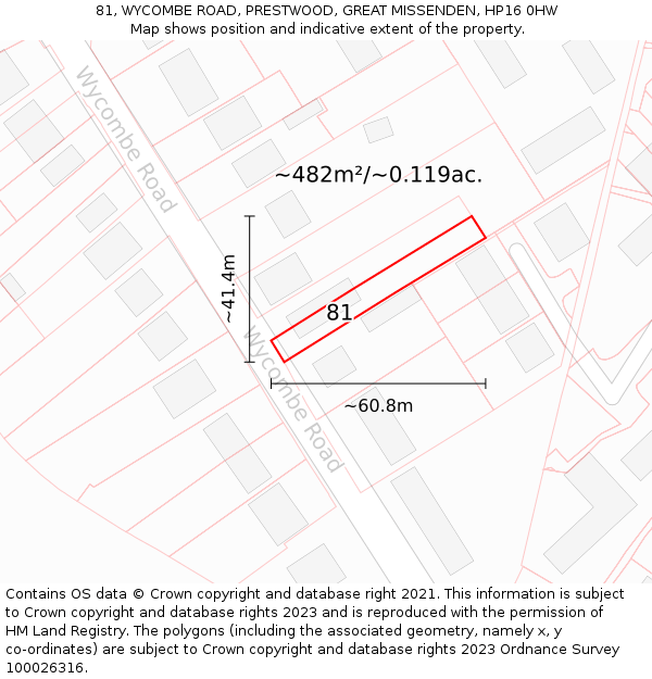 81, WYCOMBE ROAD, PRESTWOOD, GREAT MISSENDEN, HP16 0HW: Plot and title map