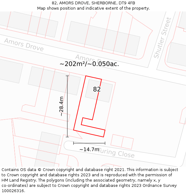 82, AMORS DROVE, SHERBORNE, DT9 4FB: Plot and title map